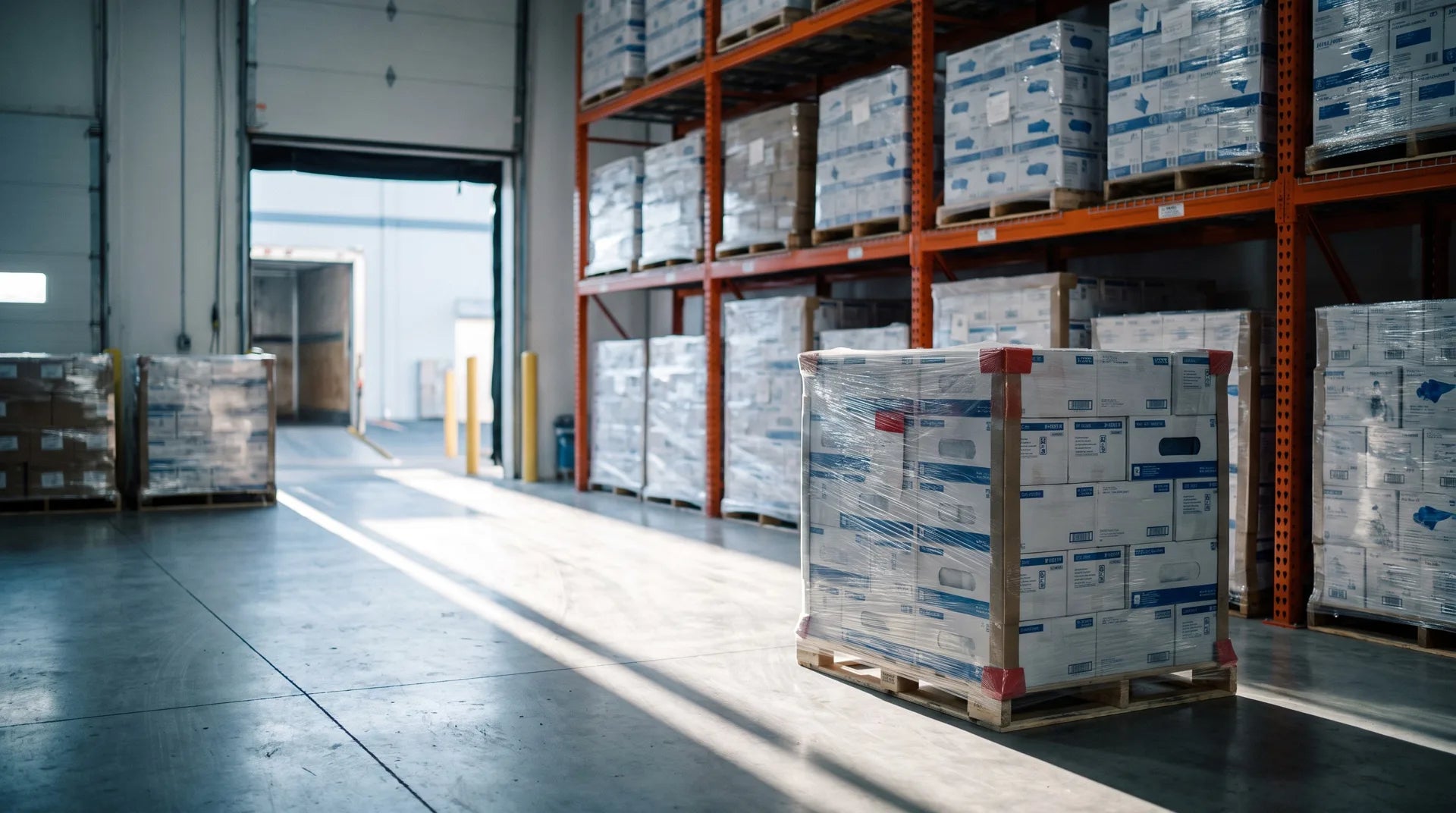 Pallets of boxed medical supplies on warehouse racking beside an open loading dock