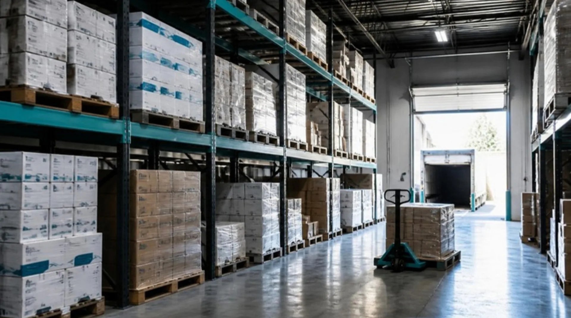 Pallets of boxed medical supplies on warehouse racking beside an open loading dock