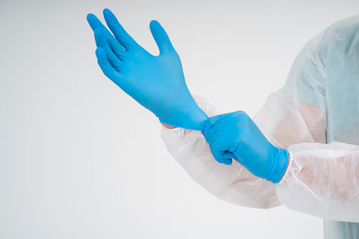 Clinician putting on a nitrile exam glove