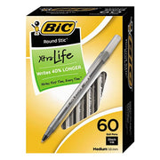 BIC GSM609-BK Round Stic Xtra Life Ballpoint Pens, Medium 1.0 mm, Black, 60 Count