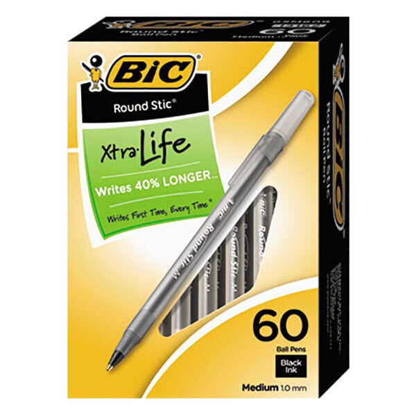 BIC GSM609-BK Round Stic Xtra Life Ballpoint Pens, Medium 1.0 mm, Black, 60 Count