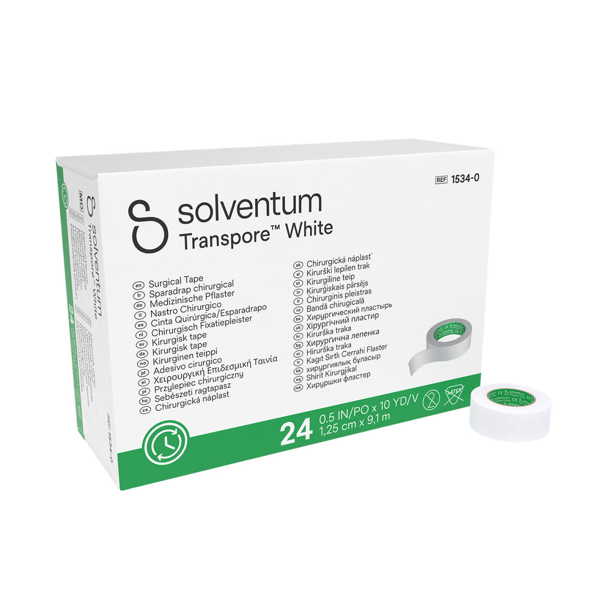 Solventum™ Transpore™ White Surgical Tape, 1534-0, 1,25 cm x 9,1 m (0.5 IN/PO x 10 YD/V), 24/CAR