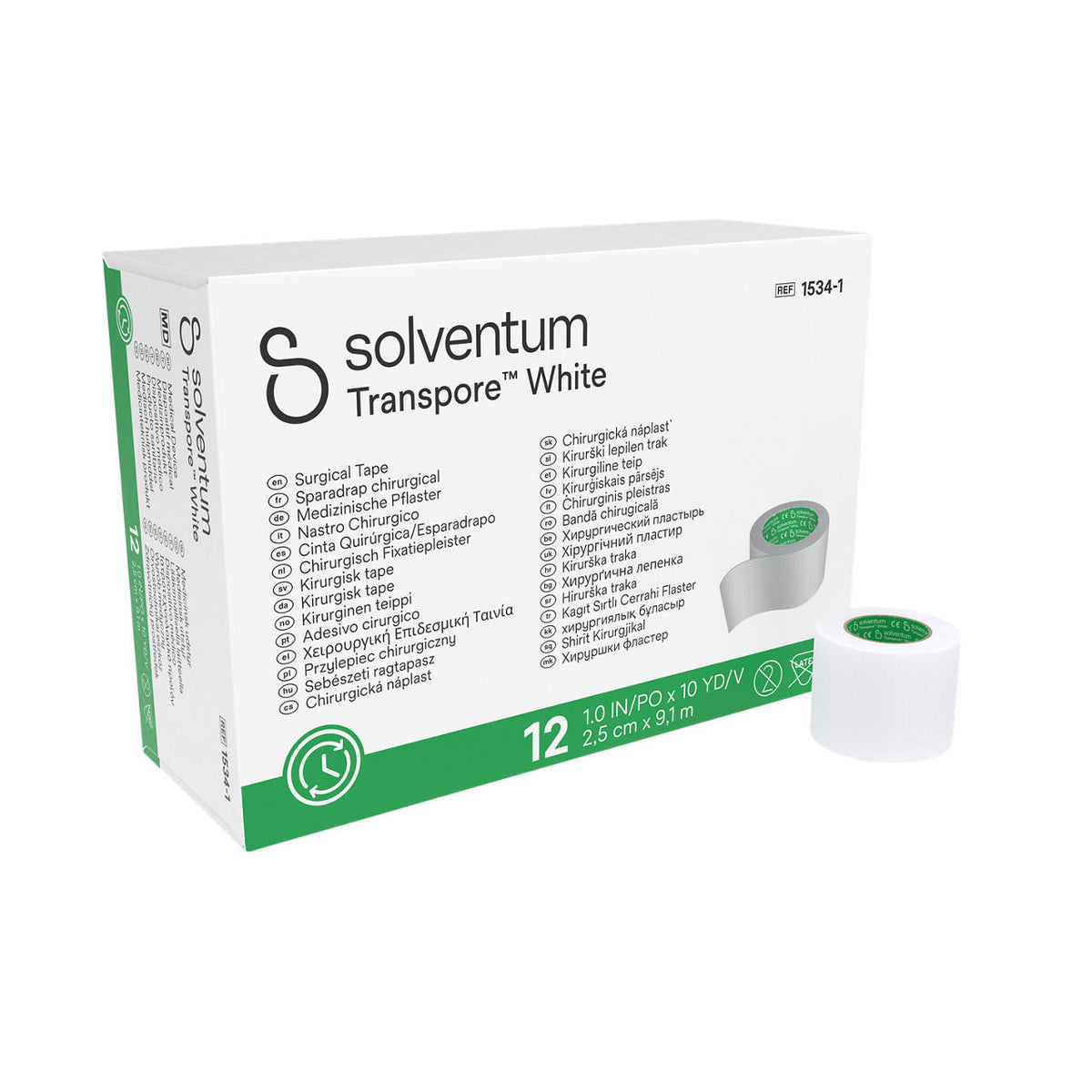 Solventum™ Transpore™ White Surgical Tape, 1534-1, 2,5 cm x 9,1 m (1 IN/PO x 10 YD/V), 12/CAR