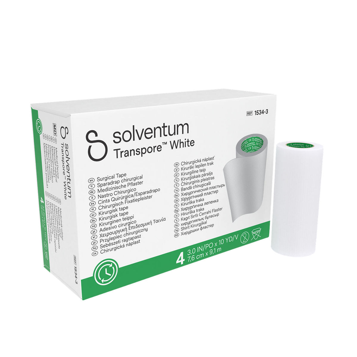 Solventum™ Transpore™ White Surgical Tape, 1534-3, 7,6 cm x 9,1 m (3 IN/PO x 10 YD/V), 4/CAR
