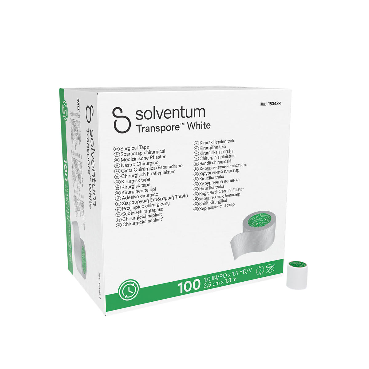 Solventum™ Transpore™ White Surgical Tape, 1534S-1, 2,5 cm x 1,3 m (1 IN/PO x 1.5 YD/V), 100/CAR