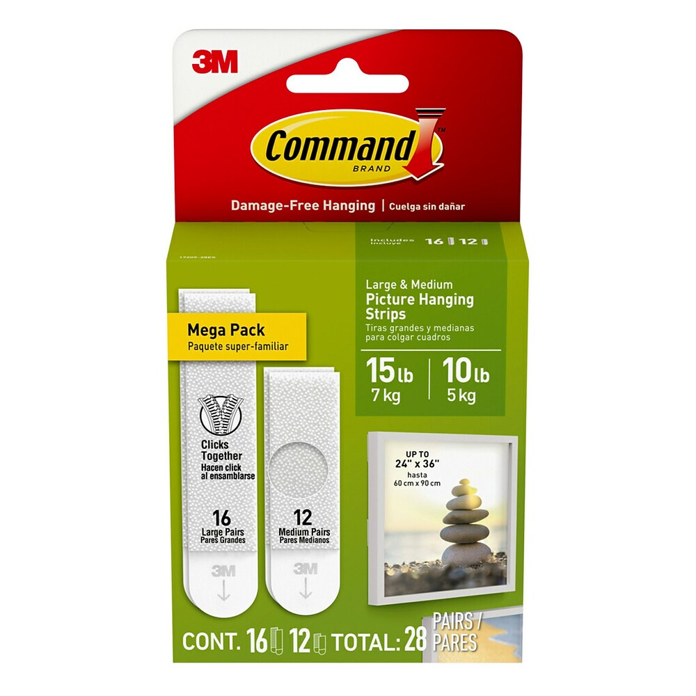 3M Command 17209-28ES Assorted Picture Hanging Strips, White, 28 Pairs (16 Large, 12 Medium)
