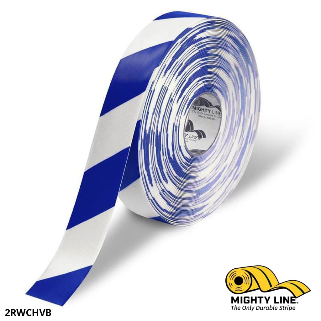 Mighty Line 2 in White Floor Tape with Blue Chevrons, 100 ft Roll
