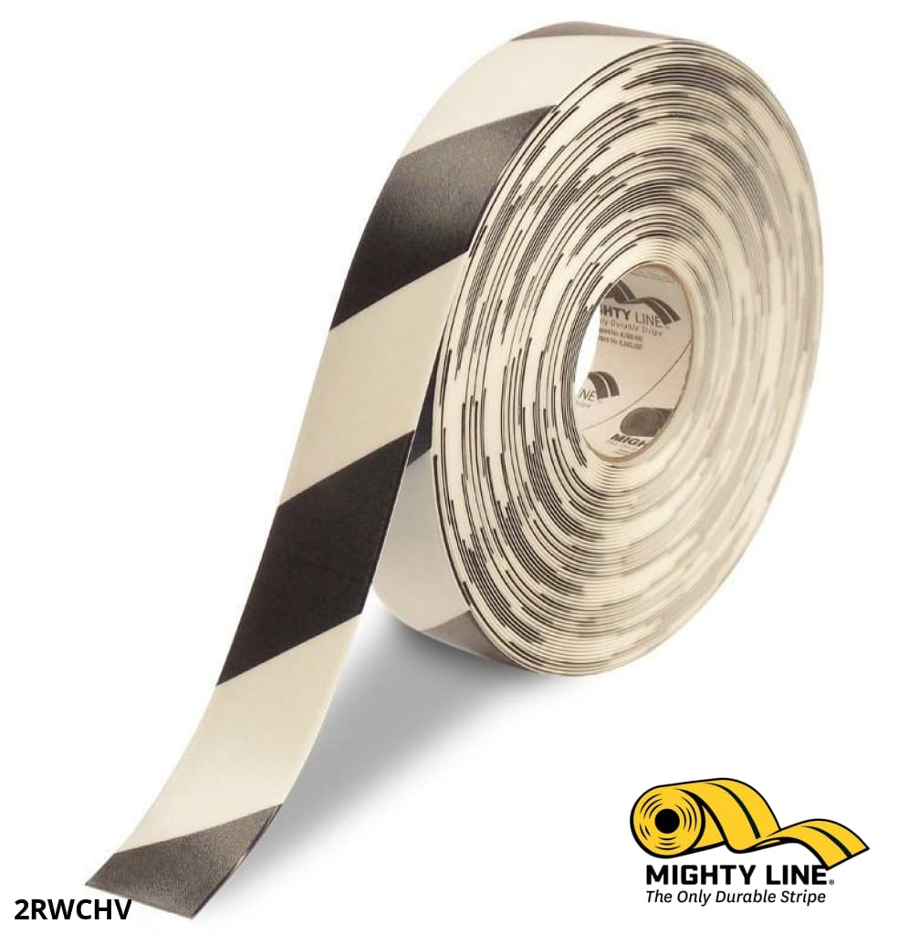 Mighty Line 2 in White Tape with Black Chevrons, 100 ft Roll, Safety Floor Tape