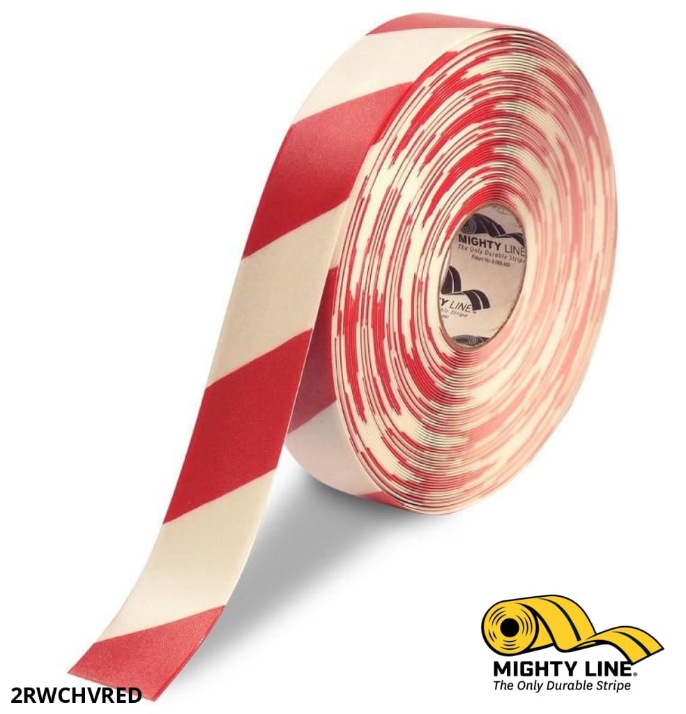 Mighty Line 2 in White Tape with Red Chevrons, 100 ft Roll, Safety Floor Tape