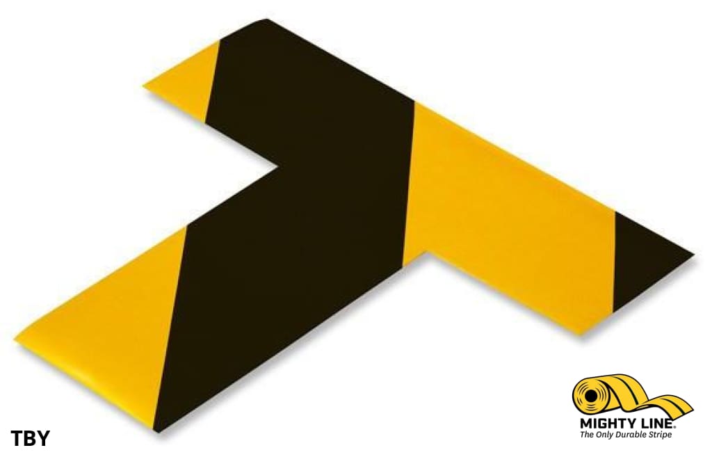 Mighty Line 2 in Wide Solid YELLOW T With Black Chevrons, Pack of 100, Safety Floor Tape & Floor Marking