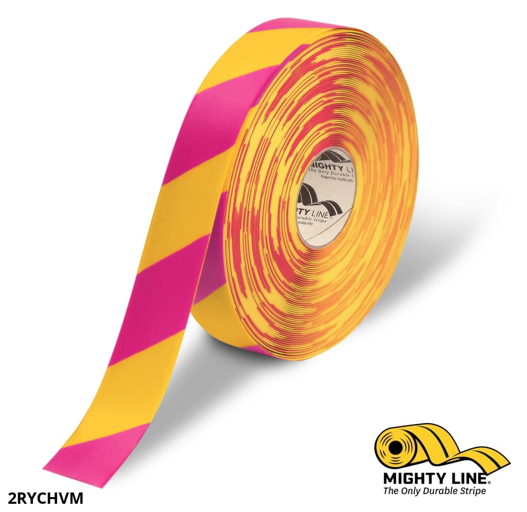 Mighty Line 2 in Yellow Floor Tape with Magenta Chevrons, 100 ft Roll