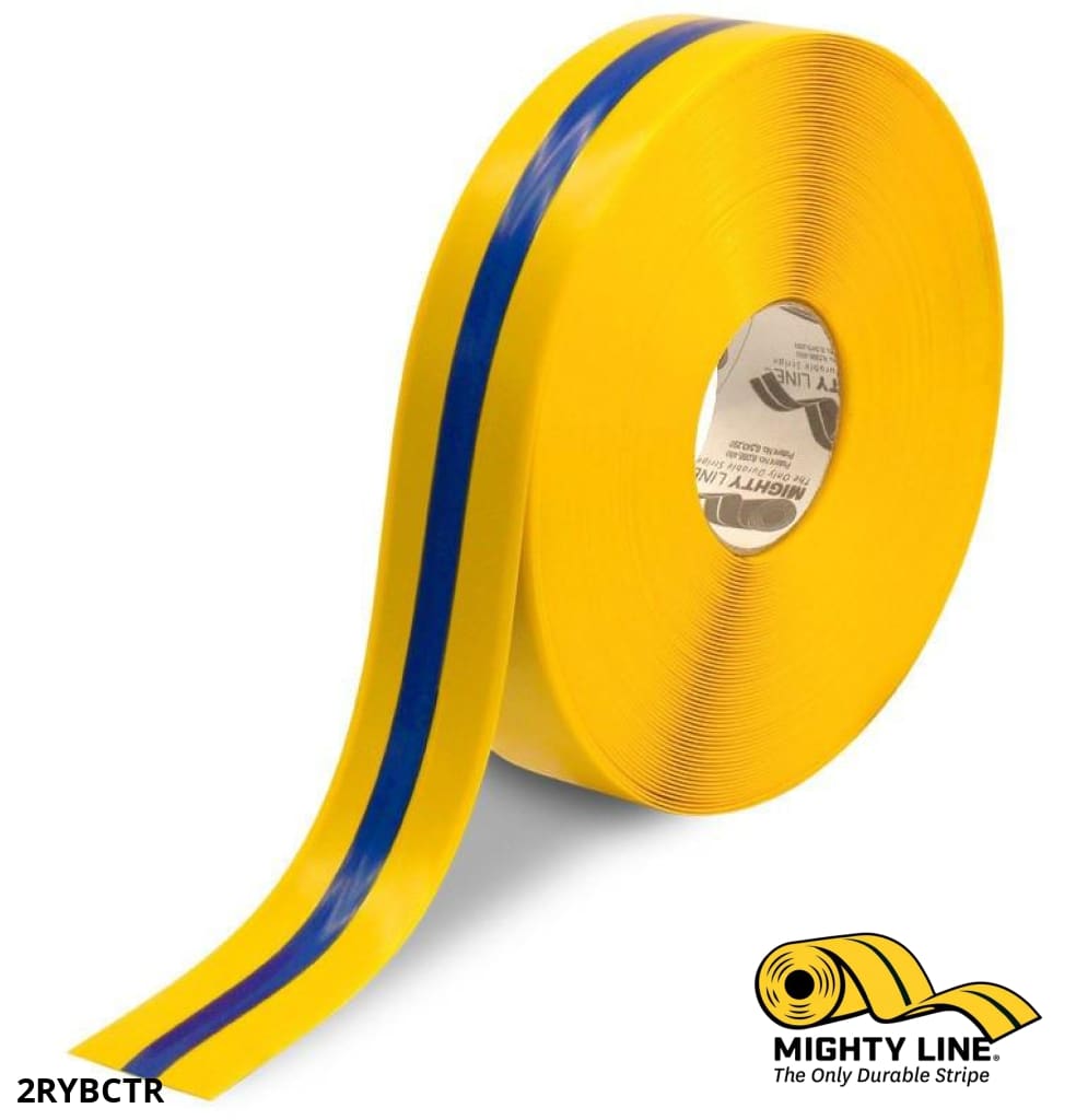 Mighty Line 2 in Yellow Tape with Blue Center Line, 100 ft Roll, Safety Floor Tape