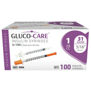 GLUCO-CARE KSG-GLU-1062 U-100 Insulin Syringes, 1 mL, 31G x 5/16 in (8 mm), 100 Count