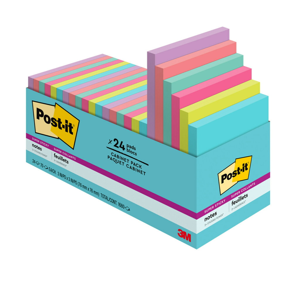 Post-it 654-24SSMIA-CP Super Sticky Notes, 3 x 3 in, Supernova Neons Collection, 24 Pads