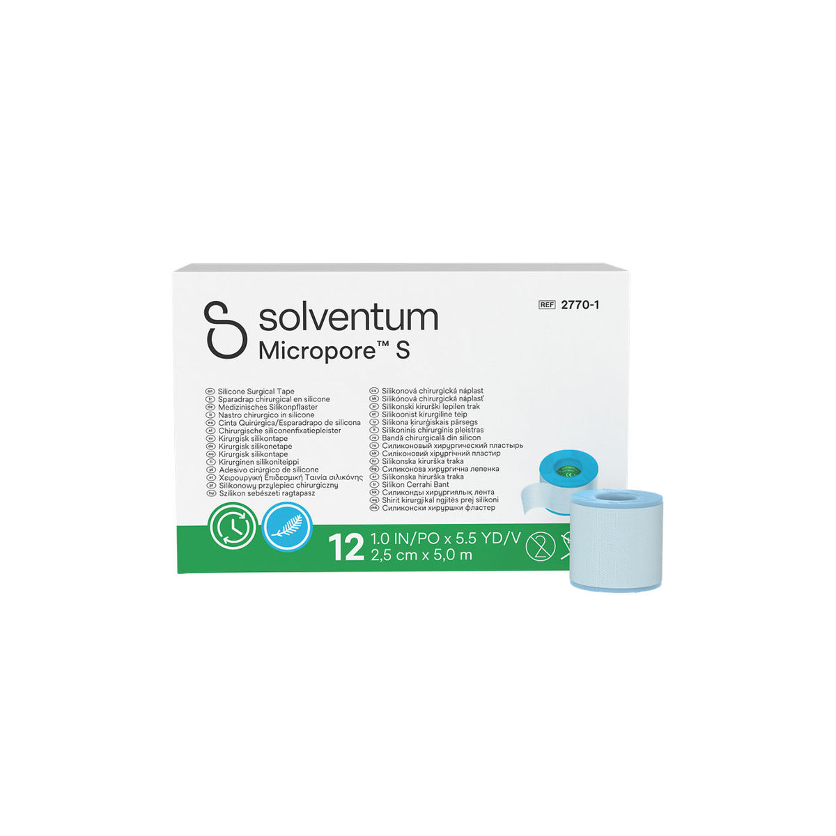 Solventum™ Micropore™ S Silicone Surgical Tape, 2770-1, 2,5 cm x 5 m (1 IN/PO x 5.5 YD/V), 12/CAR