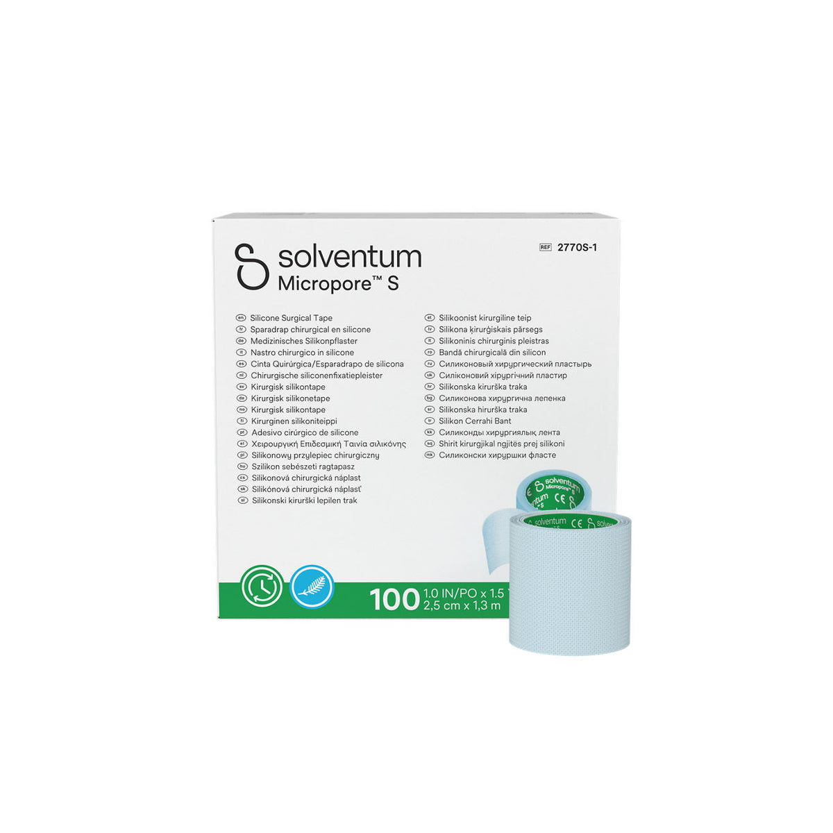 Solventum™ Micropore™ S Silicone surgical tape, 2770S-1, 2,5 cm x 1,3 m (1 in x 1.5 yd), 100/CAR
