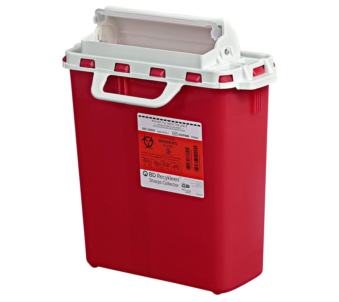 BD Recykleen Sharps Collectors, 3 Gallon, 15¾" x 13½" x 6", Counterbalanced Door, Made with 20% Recycled Plastic, Red, 10/cs (12 cs/plt)