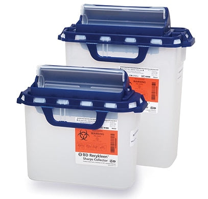BD Recykleen Sharps Collectors, 5.4 Qt, Pharmacy Dual Opening Hinged Top, 50% Recycled Plastic, 20/cs (12 cs/plt)