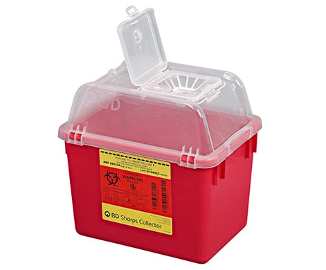 BD Multi-use Nestable Sharps Collectors, 8 Qt, Clear Top, Funnel Cap, Red, 24/cs (14 cs/plt)