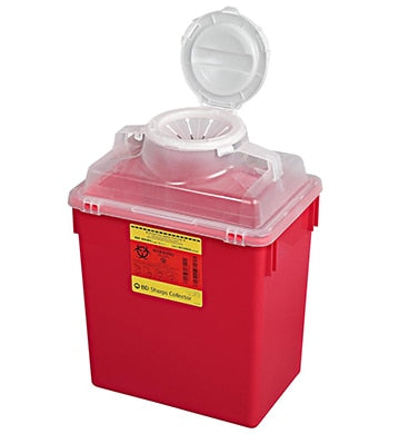 BD Multi-use Nestable Sharps Collectors, 6 Gal, Clear Top, Large Funnel Cap, 12/cs (12 cs/plt)