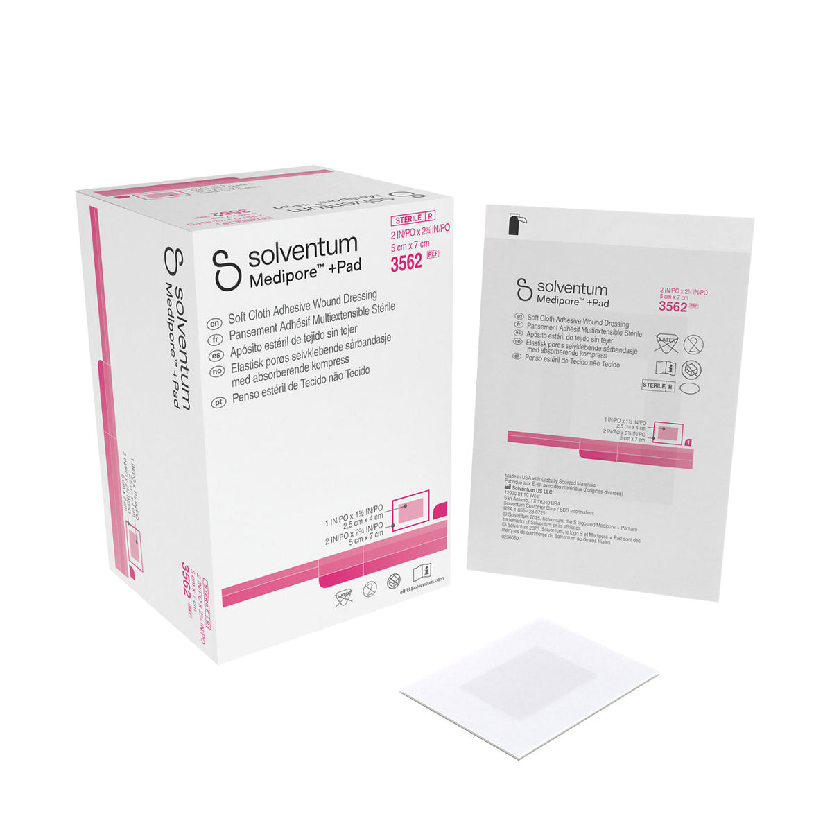Solventum™ Medipore™ +Pad Soft Cloth Adhesive Wound Dressing, 3562, 5 x 7 cm (2 x 2¾ in), Pad - 2,5 x 4 cm (1 x 1½ in), 50/CAR