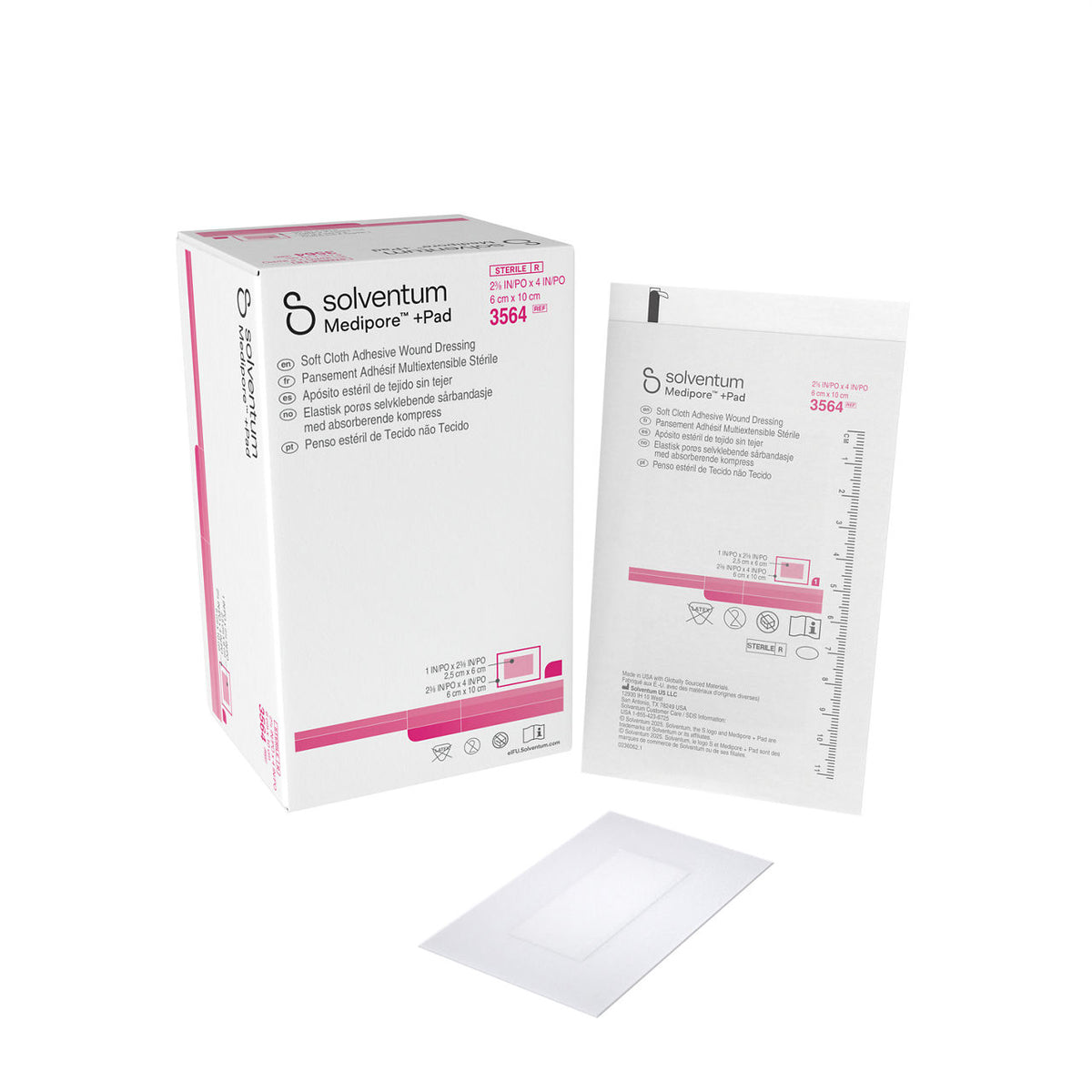 Solventum™ Medipore™ +Pad Soft Cloth Adhesive Wound Dressing, 3564, 6 x 10 cm (2⅜ x 4 in), Pad - 2,5 x 6 cm (1 x 2⅜ in), 50/CAR