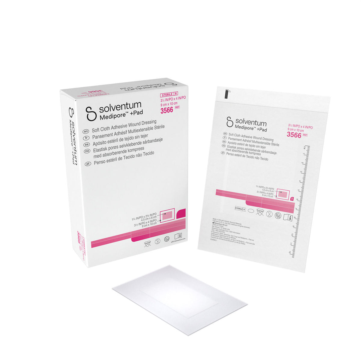 Solventum™ Medipore™ +Pad Soft Cloth Adhesive Wound Dressing, 3566, 9 x 10 cm (3½ x 4 in), Pad - 4,5 x 6 cm (1¾ x 2⅜ in), 25/CAR