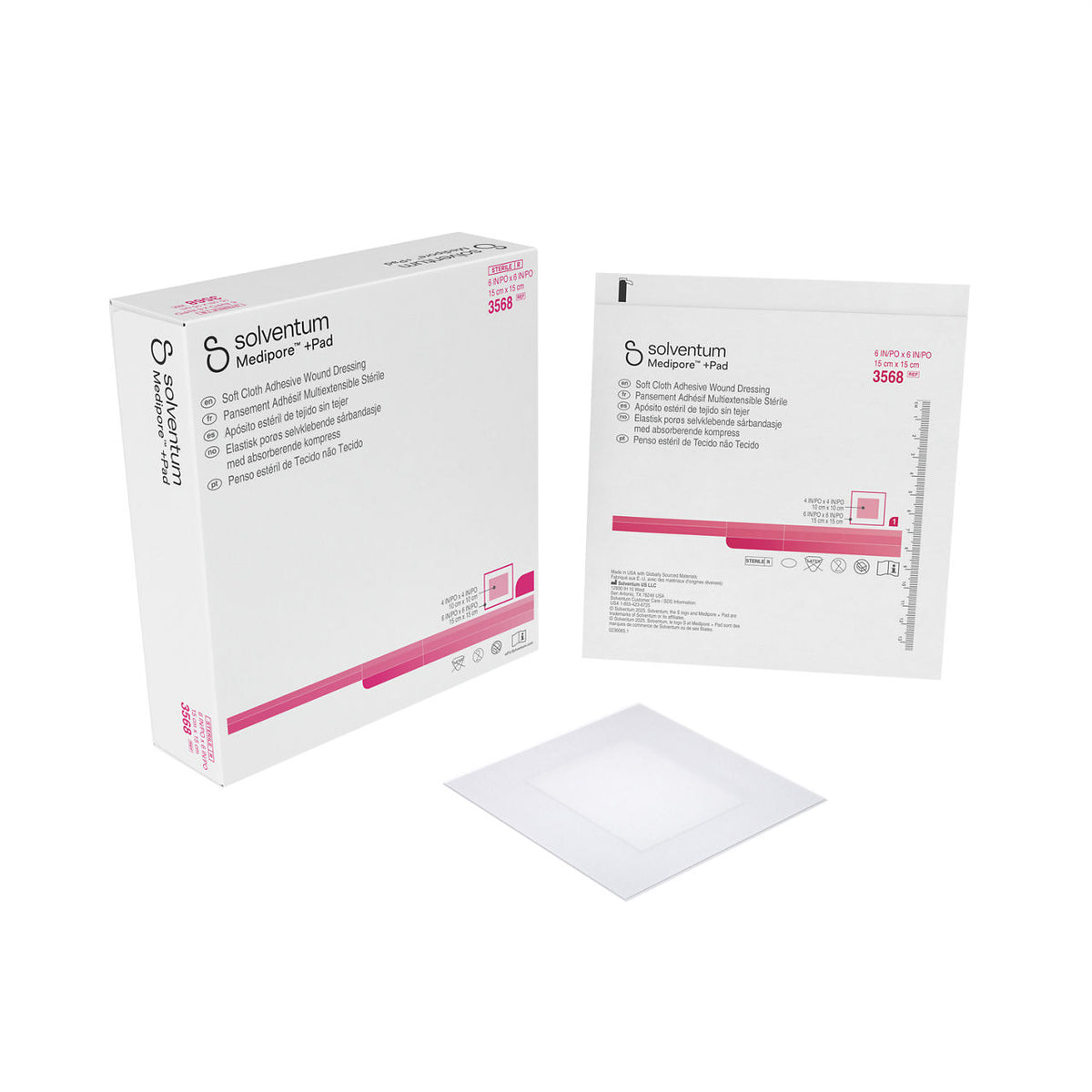 Solventum™ Medipore™ +Pad Soft Cloth Adhesive Wound Dressing, 3568, 15 x 15 cm (6 x 6 in), Pad - 10 x 10 cm (4 x 4 in), 25/CAR