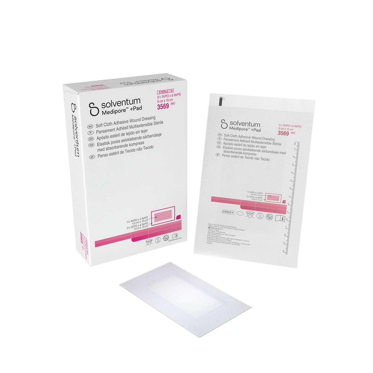 Solventum™ Medipore™ +Pad Soft Cloth Adhesive Wound Dressing, 3569, 9 x 15 cm (3½ x 6 in), Pad - 4,5 x 10 cm (1¾ x 4 in), 25/CAR