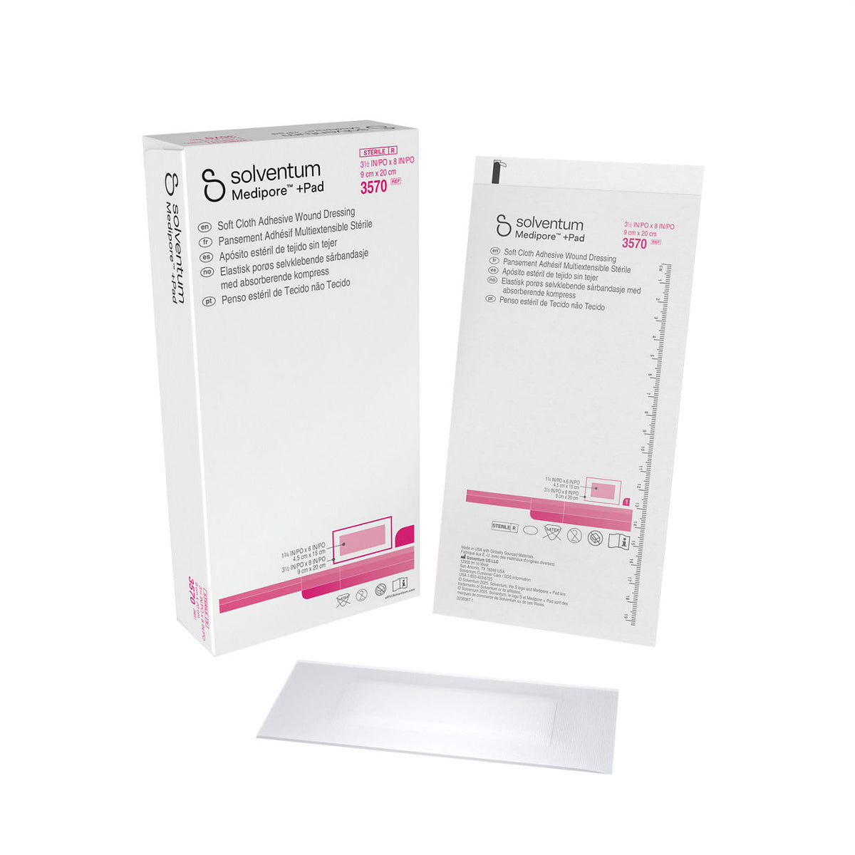 Solventum™ Medipore™ +Pad Soft Cloth Adhesive Wound Dressing, 3570, 9 x 20 cm (3½ x 8 in), Pad - 4,5 x 15 cm (1¾ x 6 in), 25/CAR