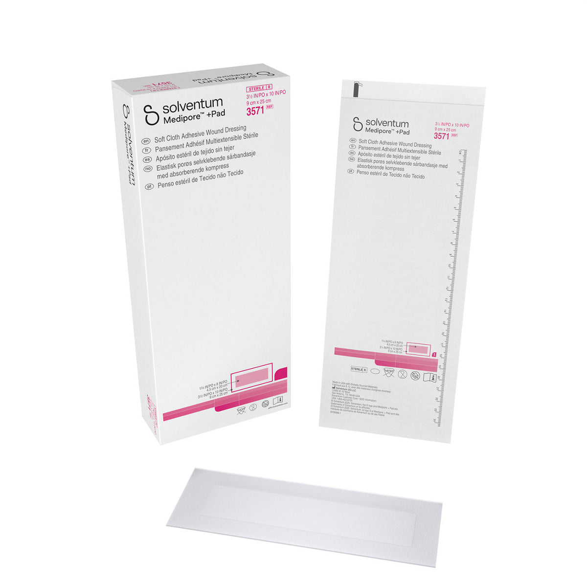 Solventum™ Medipore™ +Pad Soft Cloth Adhesive Wound Dressing, 3571, 9 x 25 cm (3½ x 10 in), Pad - 4,5 x 20 cm (1¾ x 8 in), 25/CAR