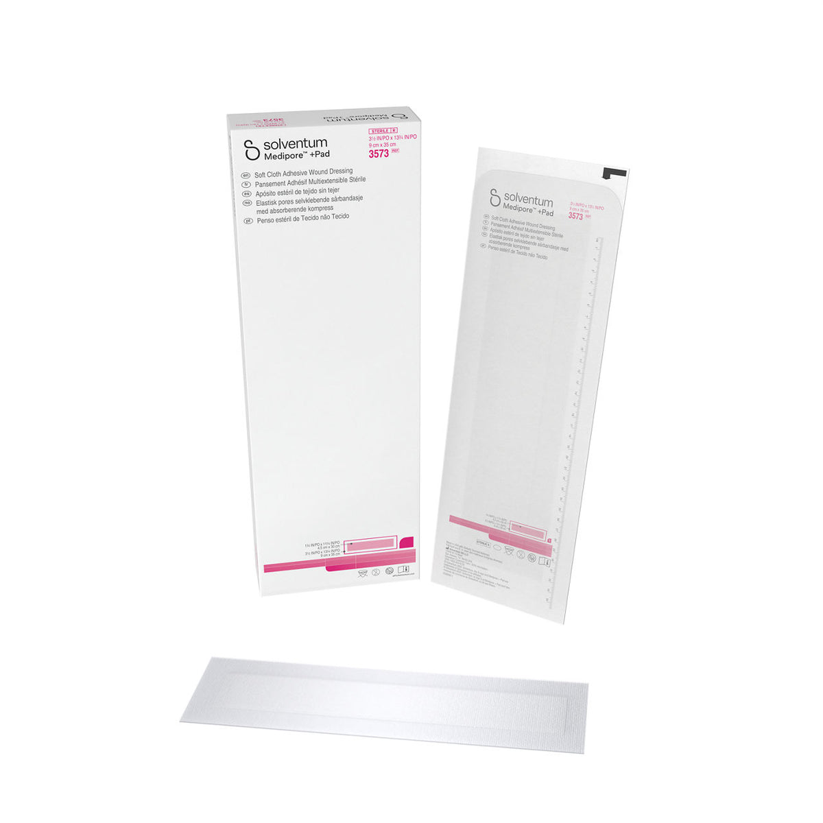 Solventum™ Medipore™ +Pad Soft Cloth Adhesive Wound Dressing, 3573, 9 cm x 35 cm (3½ in x 13¾ in), Pad - 4,5 cm x 30 cm, 25/CAR