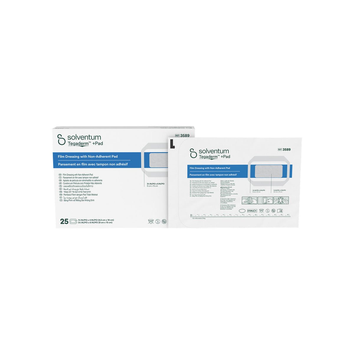 Solventum™ Tegaderm™ +Pad Film dressing with non-adherent pad, 3589, 9 x 15 cm (3½ x 6 in), Pad - 4,5 x 10 cm (1¾ x 4 in), 25/CAR