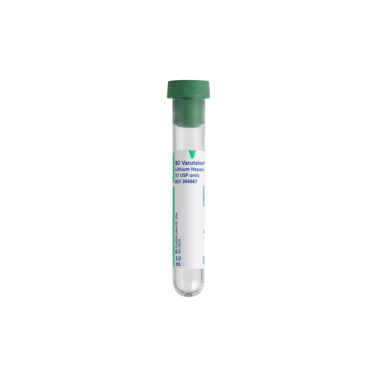 BD 366667 Vacutainer® Plus Plastic Blood Collection Tubes (heparin): Plastic Tube, Conventional Stopper, 13mm x 75mm, 3.0mL, Green, Paper Label, Lithium Heparin (bxray coated) 51 Ubx Units, 100/bx