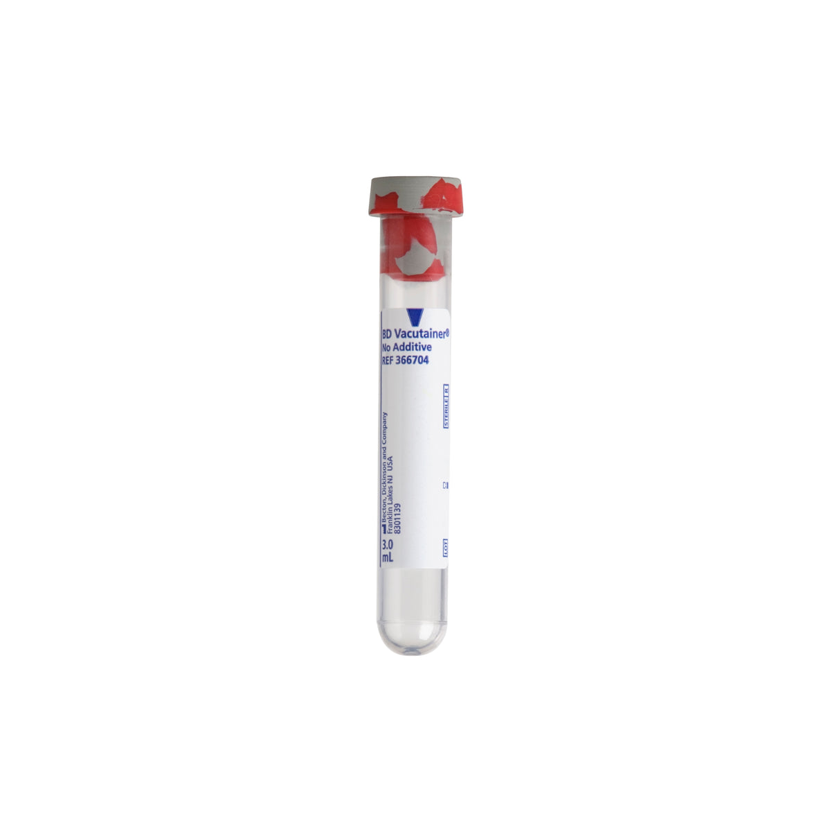 BD 366704 Vacutainer® Plus Plastic Blood Collection Tubes (no Additive): Plastic Tube, Serum, BD Vacutainer® Plus, 13mm x 75mm x 3.0mL, Red/ Gray Conventional Closure, Paper Label, No Additive, 100/bx, 10 bx/cs (Temp Sensitive