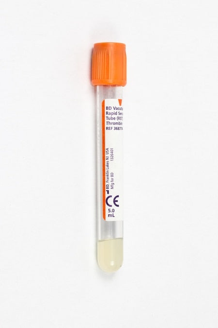 BD 368774 Vacutainer® Rapid Serum Tubes: Plastic RST Tube, Orange Hemogard™ Closure, 13 x 75, 5.0mL, Paper Label, 100/pk, 10 pk/cs