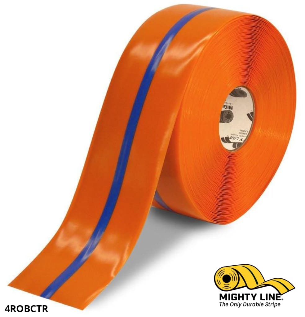 Mighty Line 4 in Orange Tape with Blue Center Line, 100 ft Roll, Safety Floor Tape