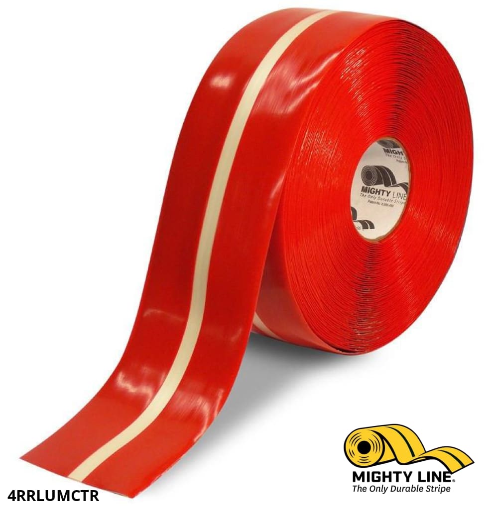 Mighty Line 4 in Red MightyGlow with Luminescent Center Line, 100 ft Roll, Floor Tape & Safety Floor Tape