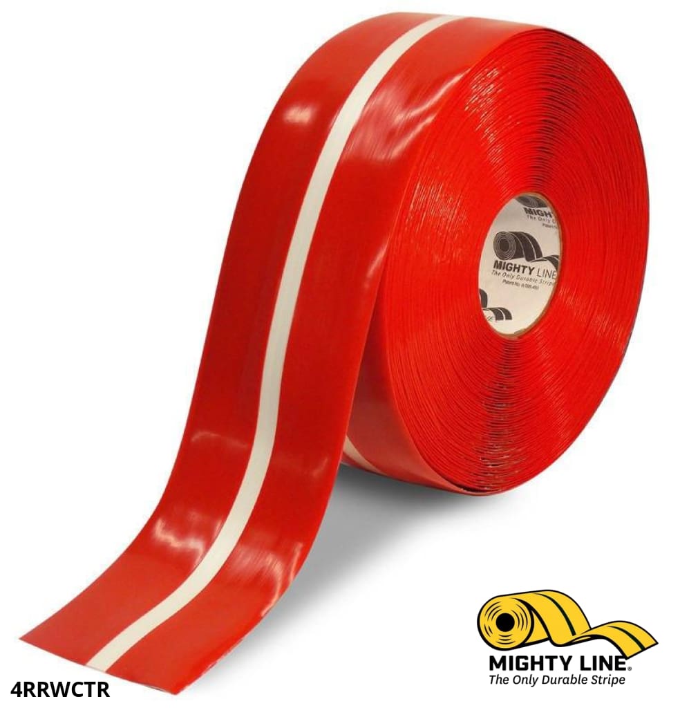 Mighty Line 4 in Red Tape with White Center Line, 100 ft Roll, Safety Floor Tape