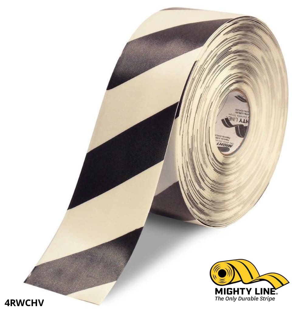 Mighty Line 4 in White Tape with Black Chevrons, 100 ft Roll, Safety Floor Tape