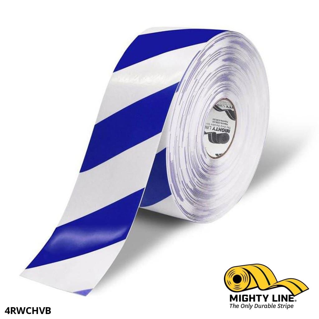 Mighty Line 4 in White Tape with Blue Chevrons, 100 ft Roll, Safety Floor Tape
