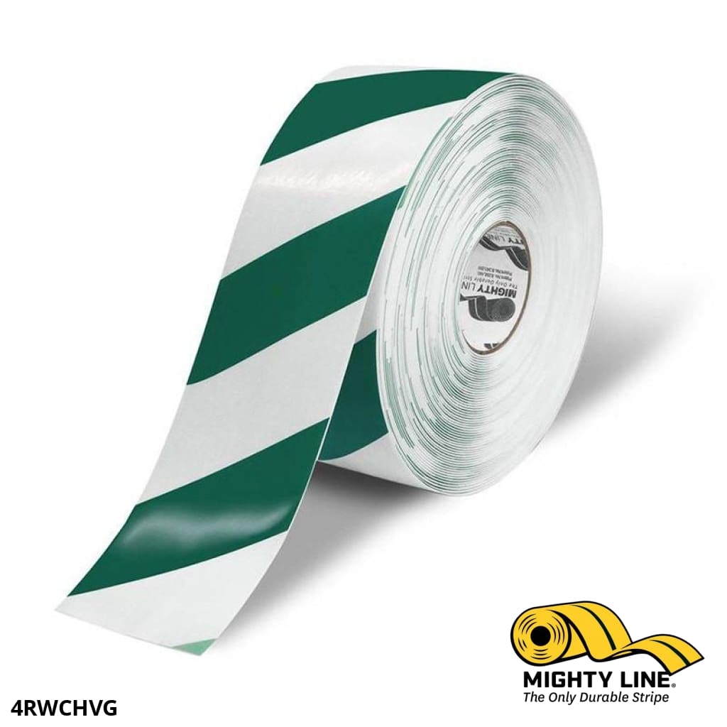 Mighty Line 4 in White Tape with Green Chevrons, 100 ft Roll, Safety Floor Tape