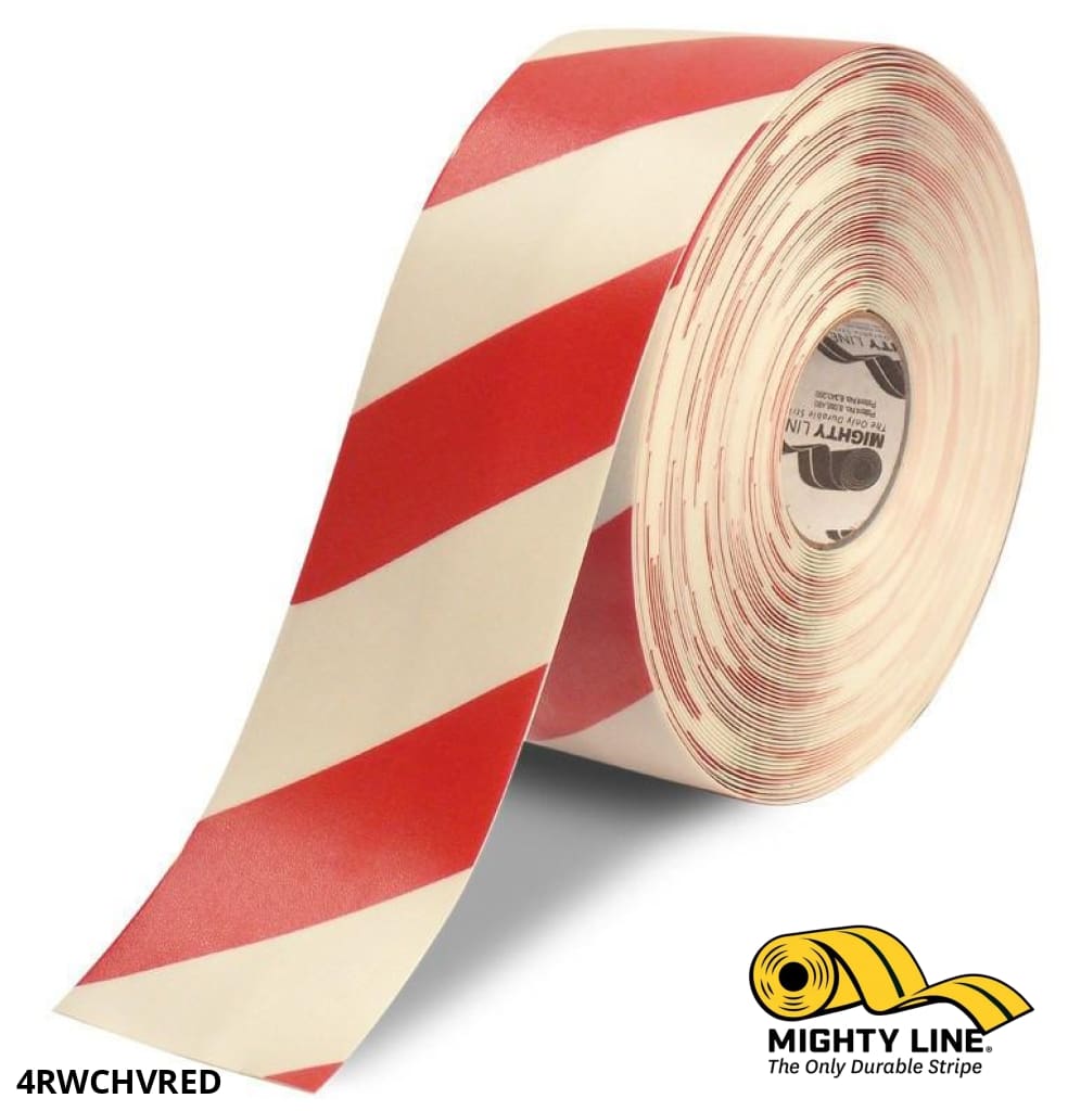 Mighty Line 4 in White Tape with Red Chevrons, 100 ft Roll, Safety Floor Tape
