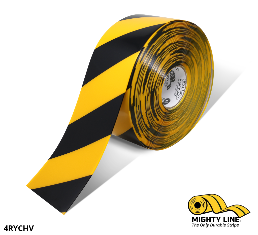 Mighty Line 4 in Yellow Floor Tape with Black Chevrons, 100 ft Roll