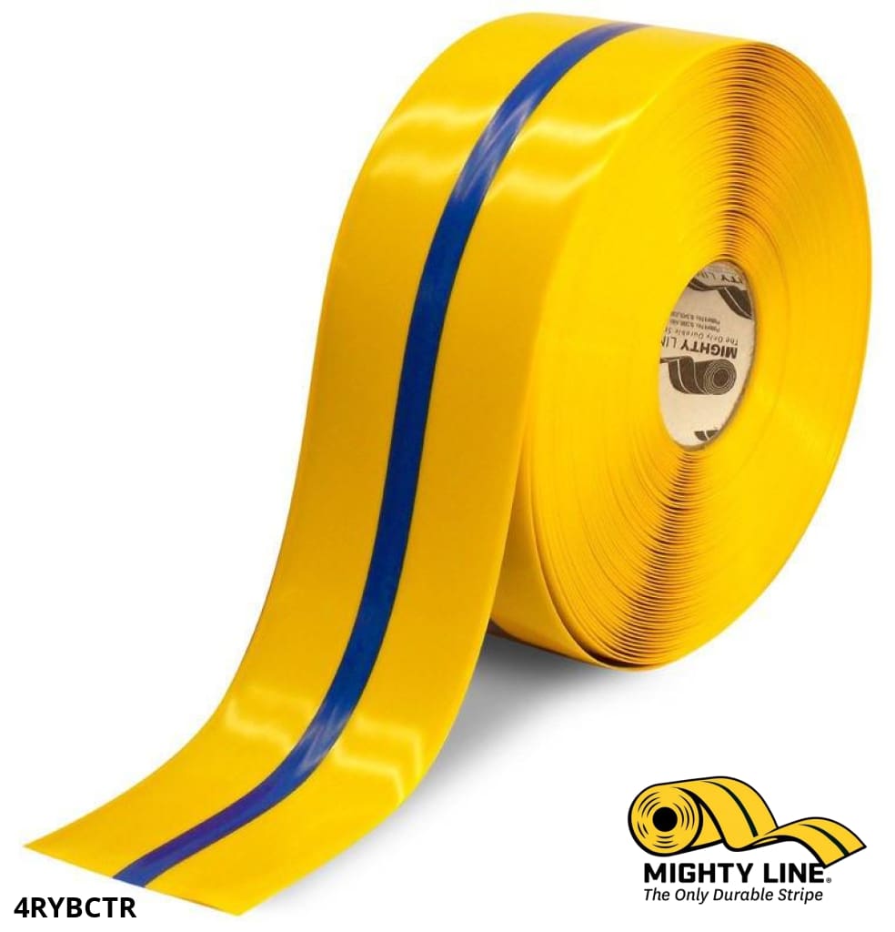 Mighty Line Default 4 in Yellow Tape with Blue Center Line, 100 ft Roll, Safety Floor Tape