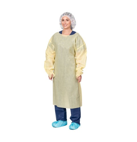 Aspen Surgical 50095 Isolation Gowns: Precept Gown, Isolation, Over the Head w/Thumb Loops Yellow, Universal, Non-Sterile, 10/bg