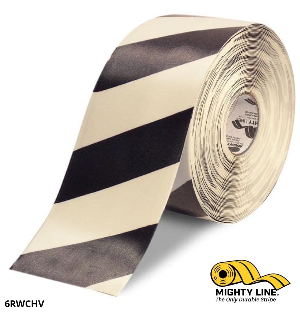 Mighty Line 6 in White Tape with Black Chevrons, 100 ft Roll, Safety Floor Tape