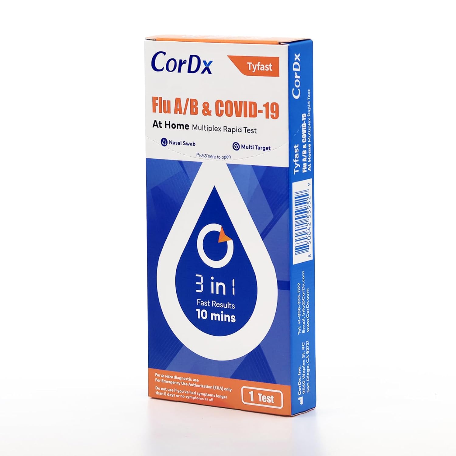 CorDx Tyfast COVID-19/Flu A&B Rapid Self-Test (1 Test / Kit) Case of 150 Kits