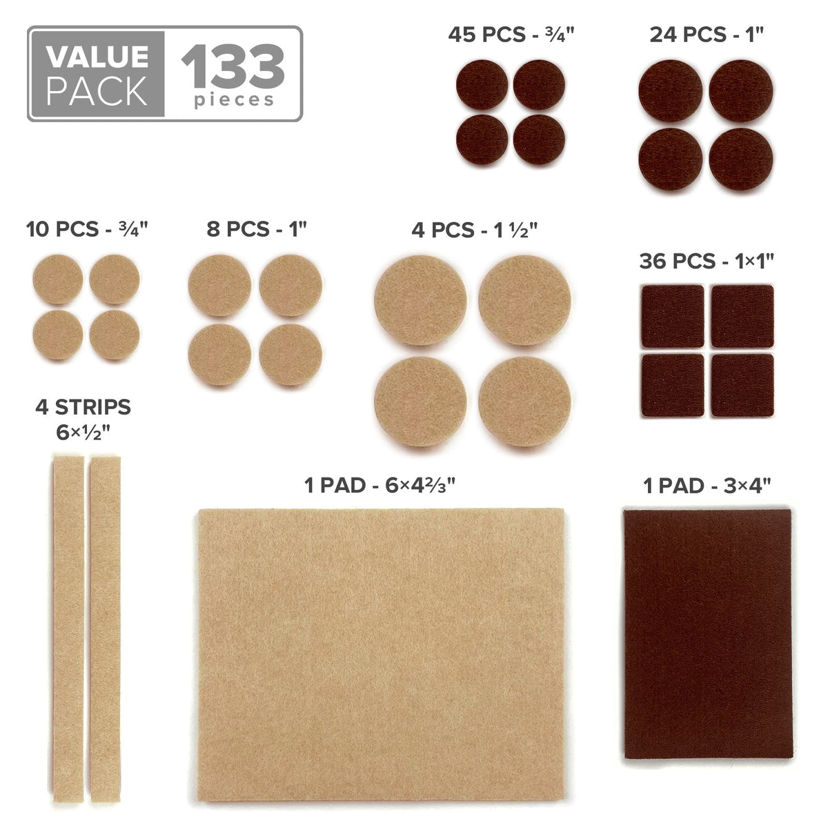 X-PROTECTOR CB-1T54-LS52 Felt Furniture Pads, 133 Piece Assorted Set, Brown and Beige