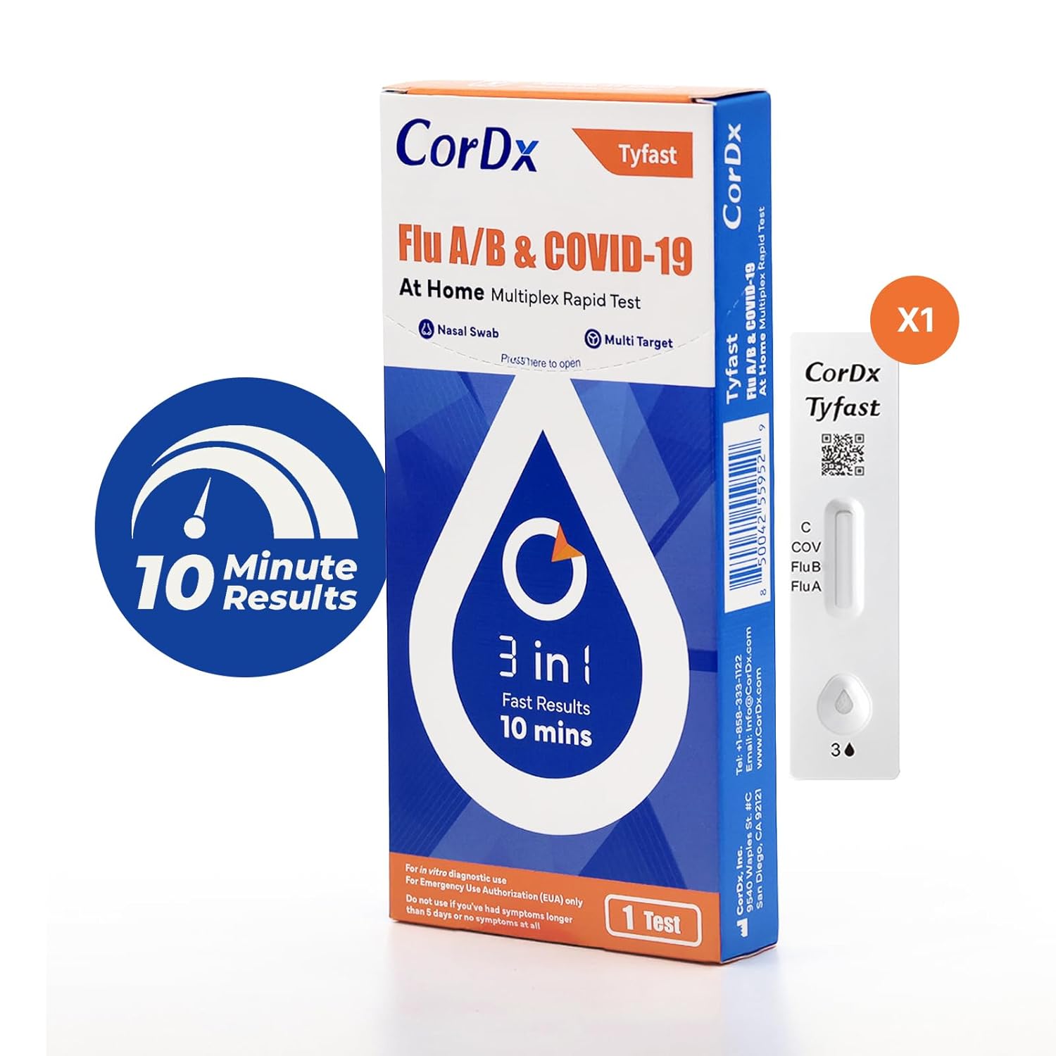 CorDx Tyfast COVID-19/Flu A&B Rapid Self-Test (1 Test / Kit) Case of 150 Kits